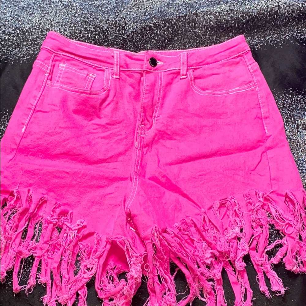 Medium High Waist Hot Pink Fringed Shorts